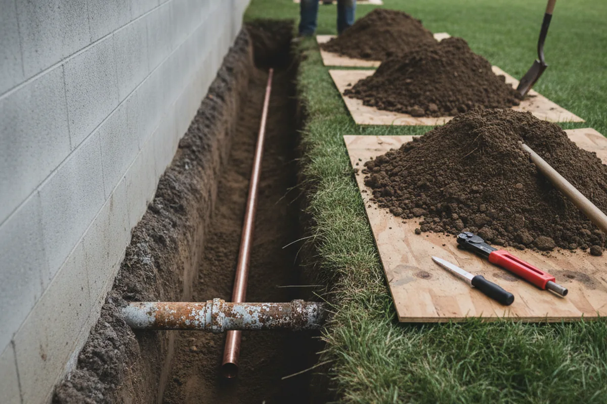 Excavated water line trench during Water Heater Repair in Union City